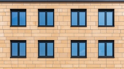 Fototapeta premium Modern Architectural Design with Rectangular Windows on Beige Stone Wall