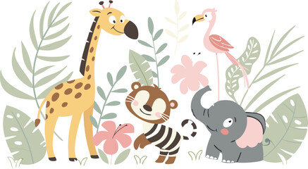 Naklejka premium Beautiful stock illustrations set with cute flamingo lion toucan zebra elephant monkey. Isolated naive style drawing. Safari animal clip art. Childish hand drawn painting AI, EPS, PNG, JPEG File.