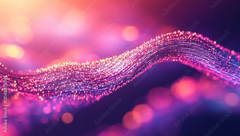 Poster vibrant abstract digital wave with sparkling particles and soft bokeh in radiant color palette of pu