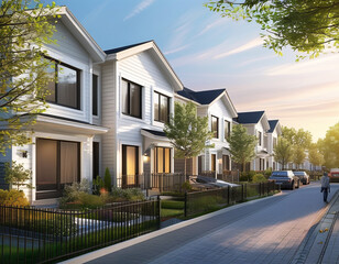 a compact row house in a gated community, perfect for middle-class buyers. Each house has a clean, white exterior with a small garden in front, large windows, and simple fencing.