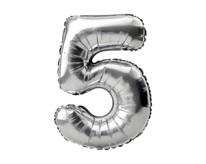 Silver Number 5 Foil Balloon on Transparent Background.