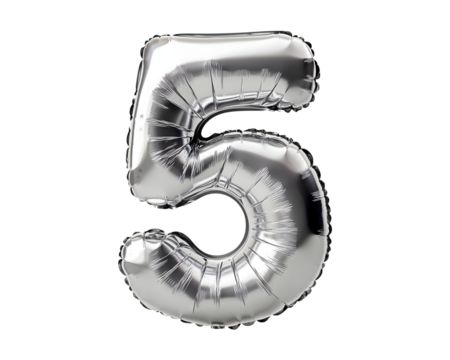 Silver Number 5 Foil Balloon on Transparent Background.