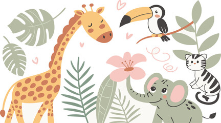 Beautiful stock illustrations set with cute flamingo lion toucan zebra elephant monkey. Isolated naive style drawing.  Safari animal clip art. Childish hand drawn painting AI, EPS, PNG, JPEG File.