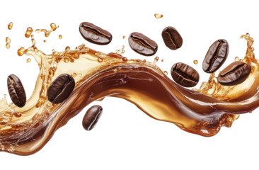 Horizontal Coffee Wave Splash with Coffee Beans Isolated on Transparent Background PNG
