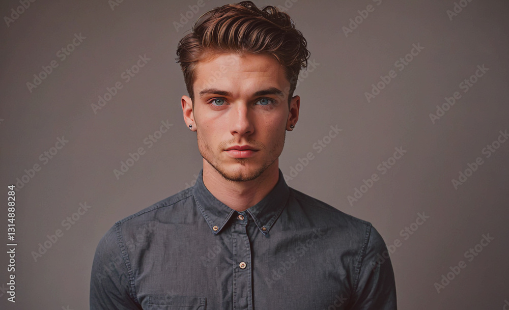 Poster man with a beard and earrings is wearing a blue shirt. he is standing in front of a gray background