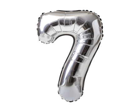 Silver Number 7 Foil Balloon on Transparent Background.
