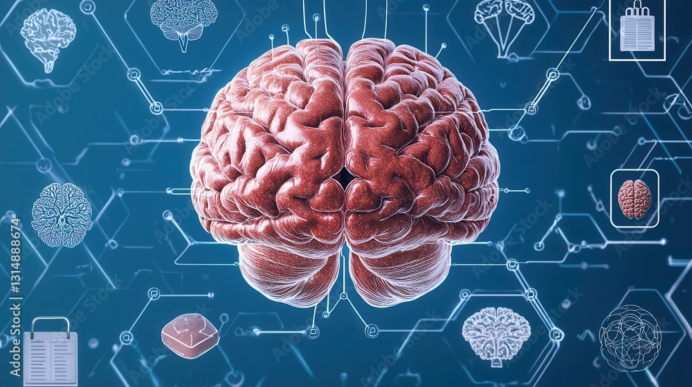 Poster brain graphic with digital connections and icons representing intelligence and technology