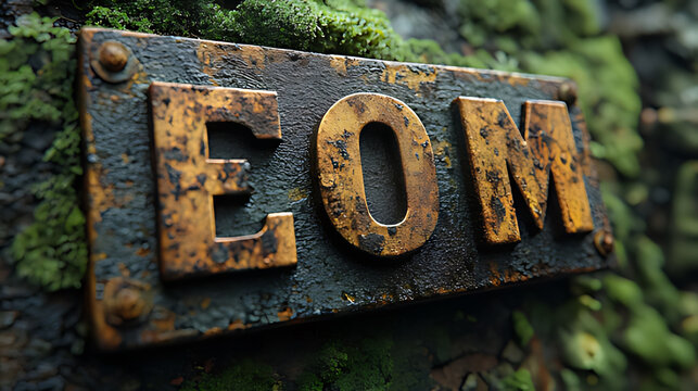 Rusty EOM sign, mossy wall, overgrown, outdoors, end message