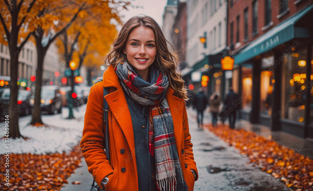 Poster woman wearing a red coat and a scarf is smiling in front of a store. the image has a warm and inviti