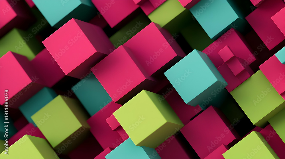 Poster 3d render of vibrant pink green and teal cubes in isometric view with bold graphic design for abstra