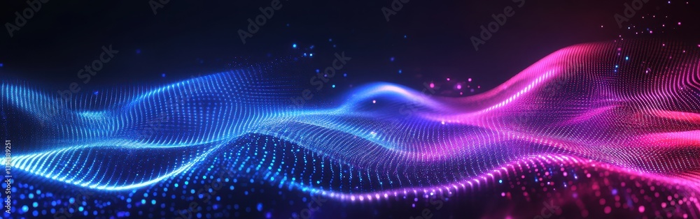 Poster vibrant abstract wave pattern with glowing particles in blue and pink shades creating dynamic visual