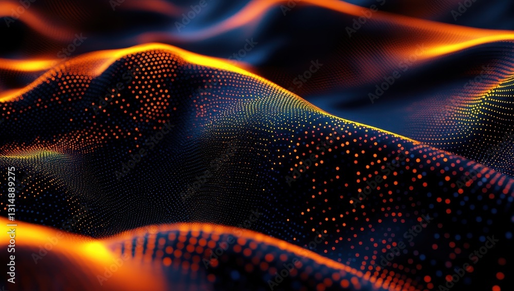 Poster vibrant abstract waves of colorful dots creating a dynamic flowing surface in dark background with b