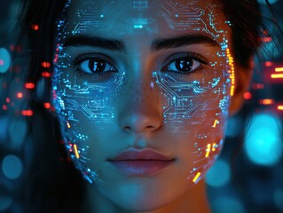 Close-up portrait of a person with digital circuitry patterns on face and neon lights