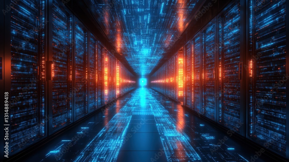 Poster data server room lights up a futuristic view of technology in a high-tech environment