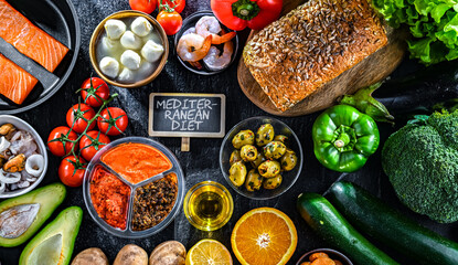Food products representing the Mediterranean diet