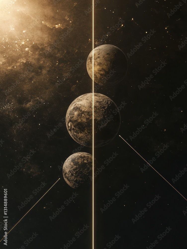 Aufkleber Multiple spheres representing unique virtual worlds connected by light beams in a cosmic landscape filled with starry elements