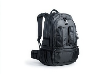 Fototapeta premium Black Backpack with Multiple Compartments, Perfect for Travel or Daily Use, Showcased on a Clean White Background for a Minimalist Aesthetic