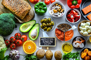 Food products representing the Mediterranean diet