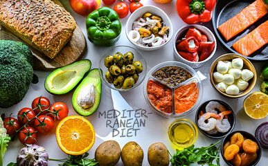 Food products representing the Mediterranean diet