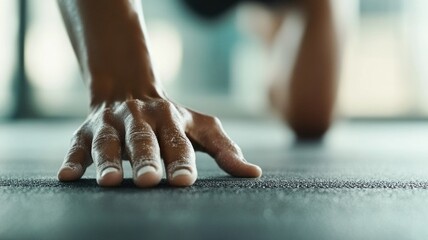Close-up of hand in yoga pose on mat in fitness studio for mindful exercise and meditation