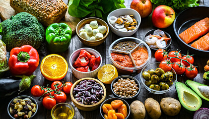 Food products representing the Mediterranean diet