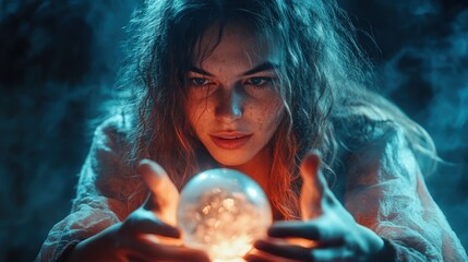 Naklejka premium A captivating scene of a mystical figure intensely focused on a glowing crystal ball, surrounded by ethereal smoke and an enchanting atmosphere, evoking a sense of magic and wonder.