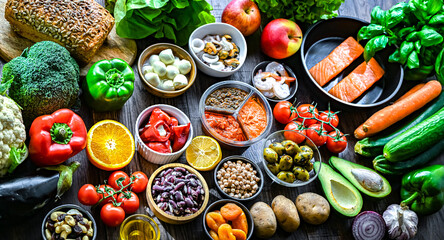 Food products representing the Mediterranean diet