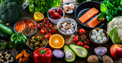 Food products representing the Mediterranean diet