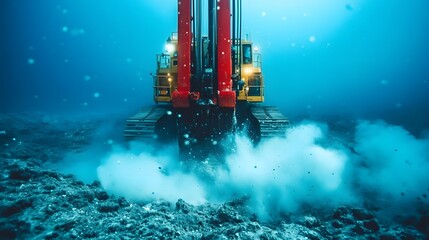 Underwater Excavation Machine Disrupting the Seabed, Churning Up Sediment and Bubbles