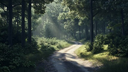 Obraz premium A serene forest path illuminated by soft sunlight filtering through the trees.