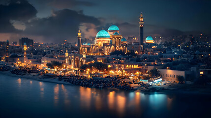Fototapeta premium Illuminated Mosque at Night Reflected in the River with Cityscape in Background