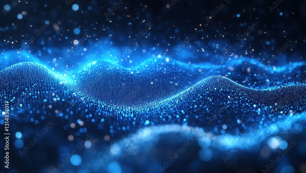 Poster vibrant blue waves of illuminated particles creating a dreamy and ethereal atmosphere of digital art