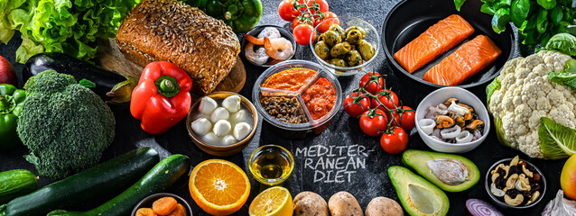 Food products representing the Mediterranean diet