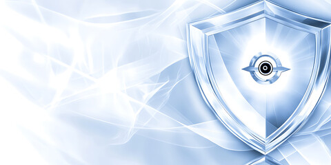 A stylized reflective shield with a central eye symbol set against a light blue ethereal and smokey background.
