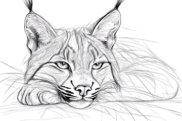 Detailed sketch of a lynx resting its head showcasing its distinctive ears and piercing gaze.