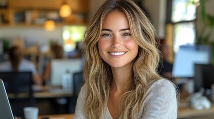 A smiling woman with a shaved head sits at a modern desk with a laptop in front of her.