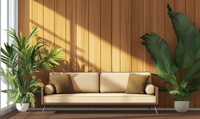 Beige sofa against wooden wall with plants.