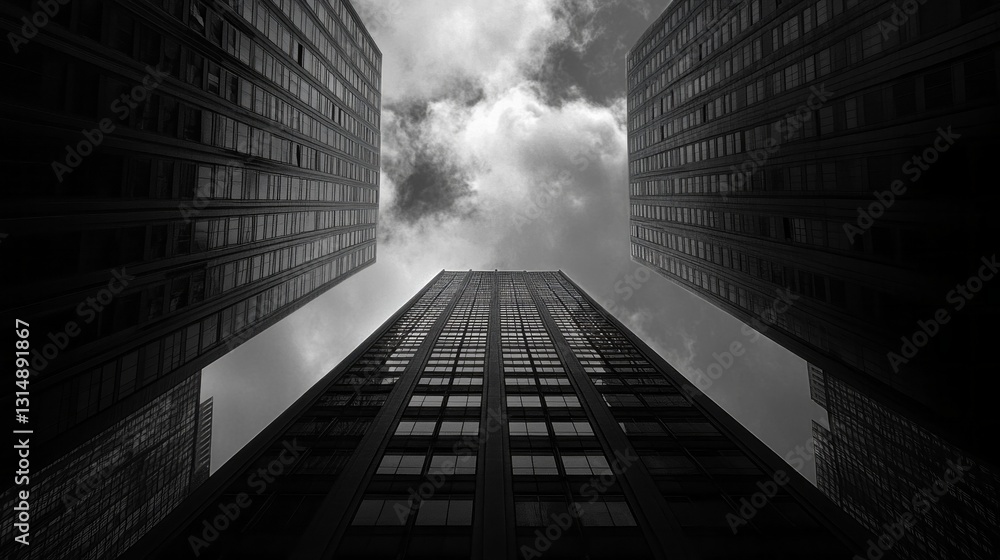 Poster Looking up in a bustling urban area, towering structures loom overhead, creating a sense of awe as dark clouds swirl above. The symmetry of glass and steel reflects the mood of the moment