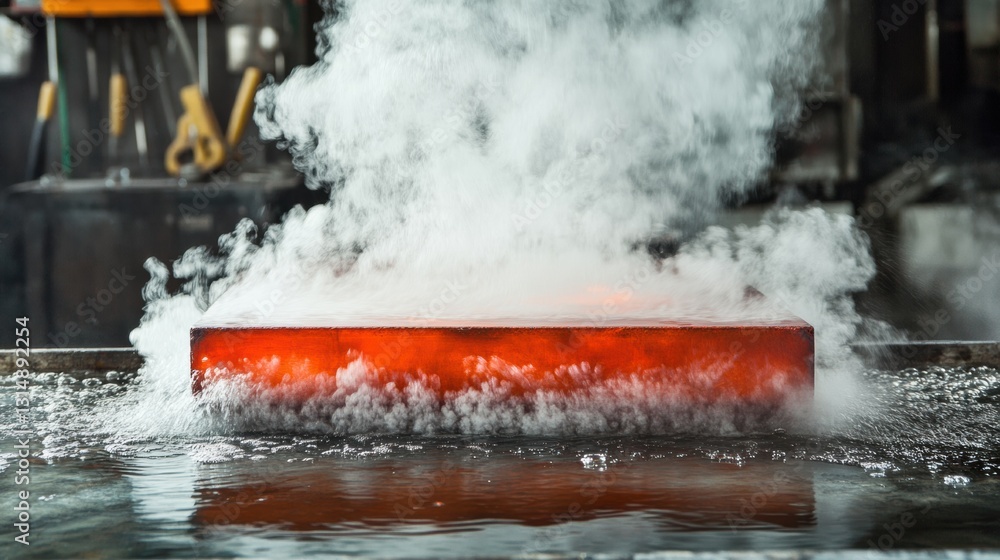 Poster Red hot metal billets submerged in water creating steam in a busy workshop during tempering process