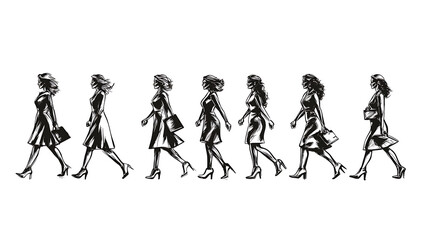 Obraz premium Ink drawing of women in dresses and heels walking in a row with handbags against a white background.