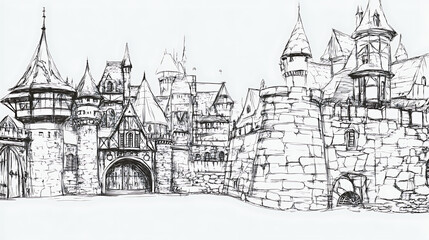 Intricate black and white sketch depicting a whimsical medieval castle with varied towers arched gates and detailed stonework.