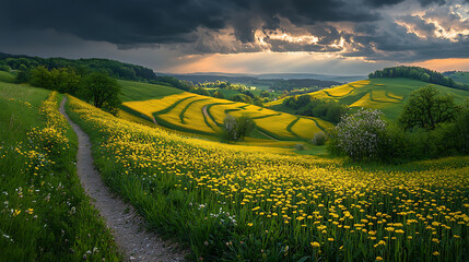 Sunlight streams onto a wildflower meadow beside a path contrasting with a dramatic cloudy sky over rolling hills.
