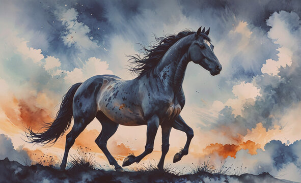 Majestic black horse gallops across a grassy field, its mane and tail flowing in the wind. The sky above is cloudy, casting a soft, diffused light over the scene - Powered by Adobe