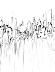 Sketch of a sprawling city skyline with numerous tall buildings rendered in an abstract artistic style with blurred lines.