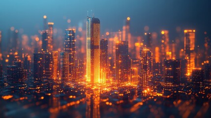 Fototapeta premium Illuminated urban landscape at night futuristic city digital artwork atmospheric perspective technology concept