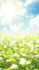 Fototapeta premium Sunny spring meadow, flowers blooming, bright sky, peaceful nature scene, ideal for spring backgrounds