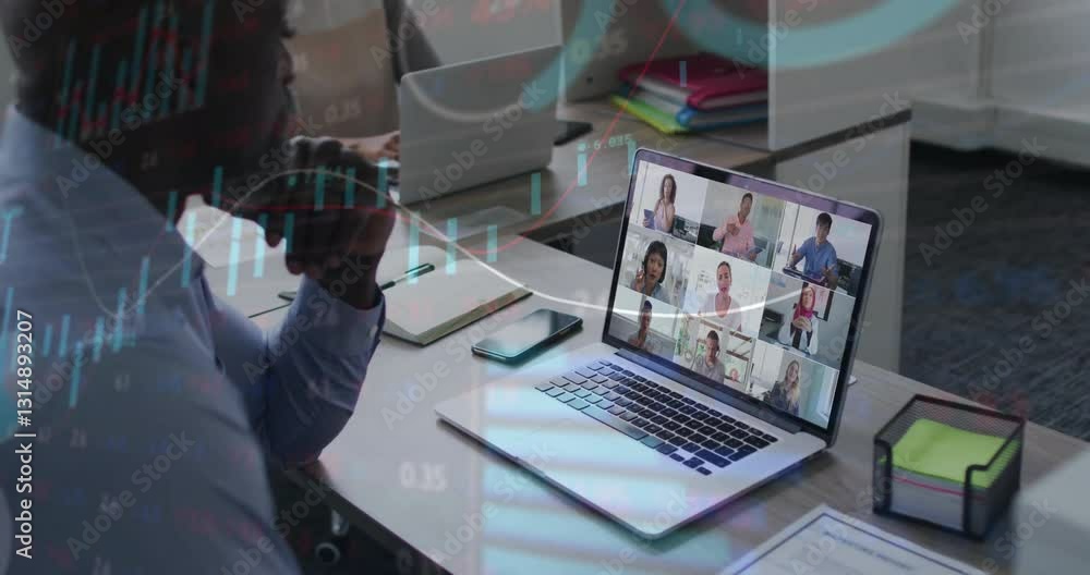 Poster virtual meeting on laptop screen with financial data processing animation overlay
