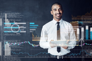 Businessman, tablet and overlay for finance in studio of stock market, trading graph and dashboard. Person, digital and data of futuristic investment, chart increase and statistics on dark background