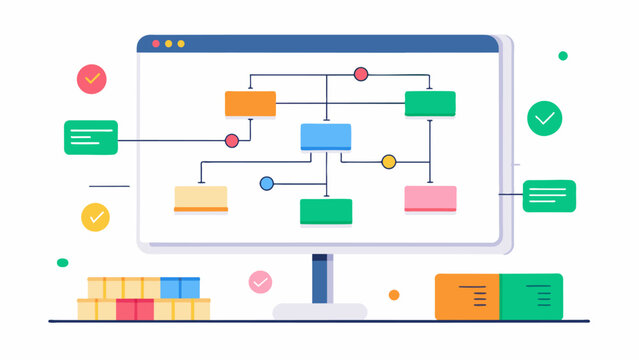 The whiteboard is covered in colorful diagrams and flowcharts explaining the fundamentals of coding logic.. Vector illustration