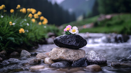 Stacked rocks in water with delicate flowers and blurred background